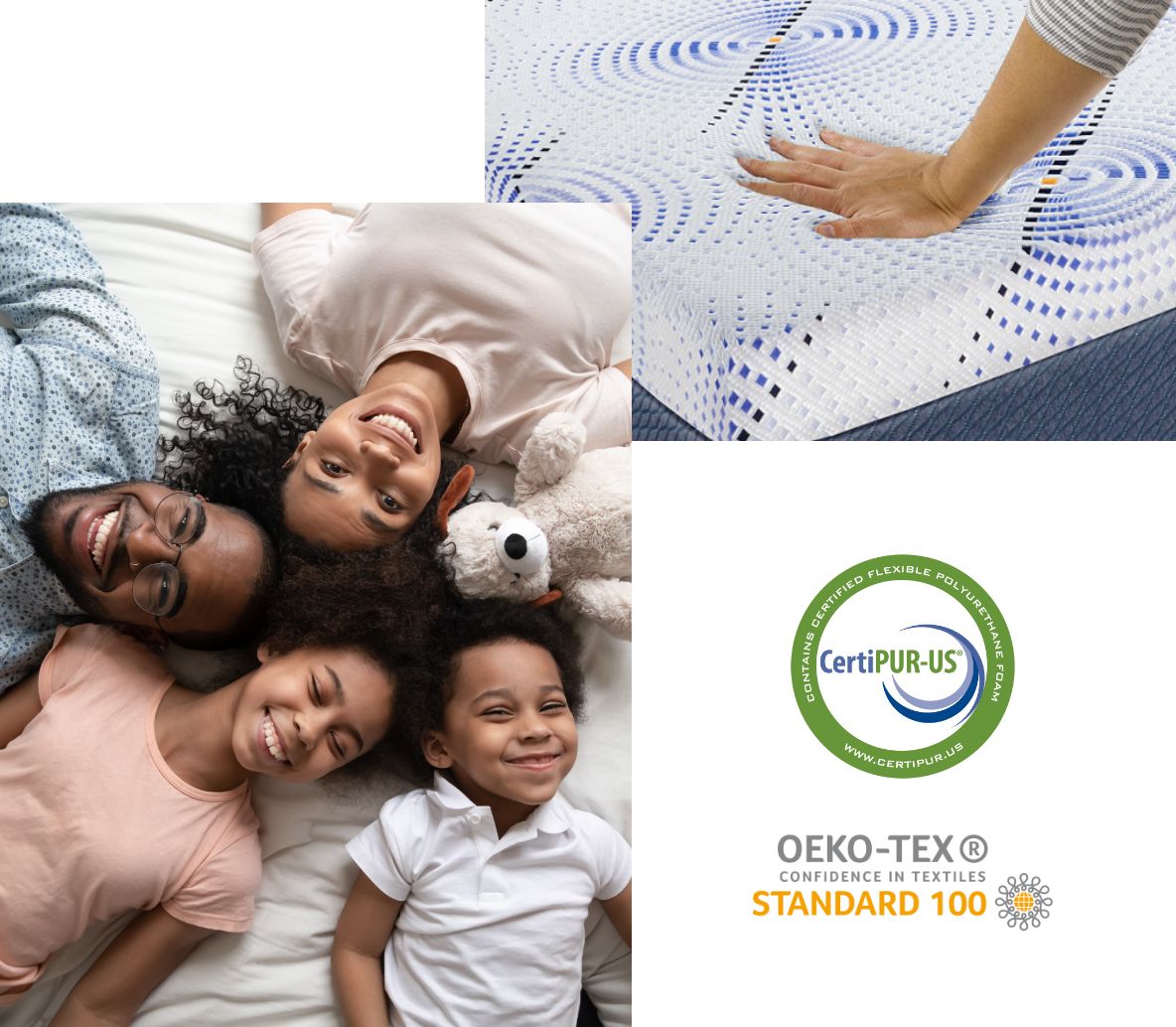 collage of mattress certifications, happy family laying on bed, and hands pressing against mattess