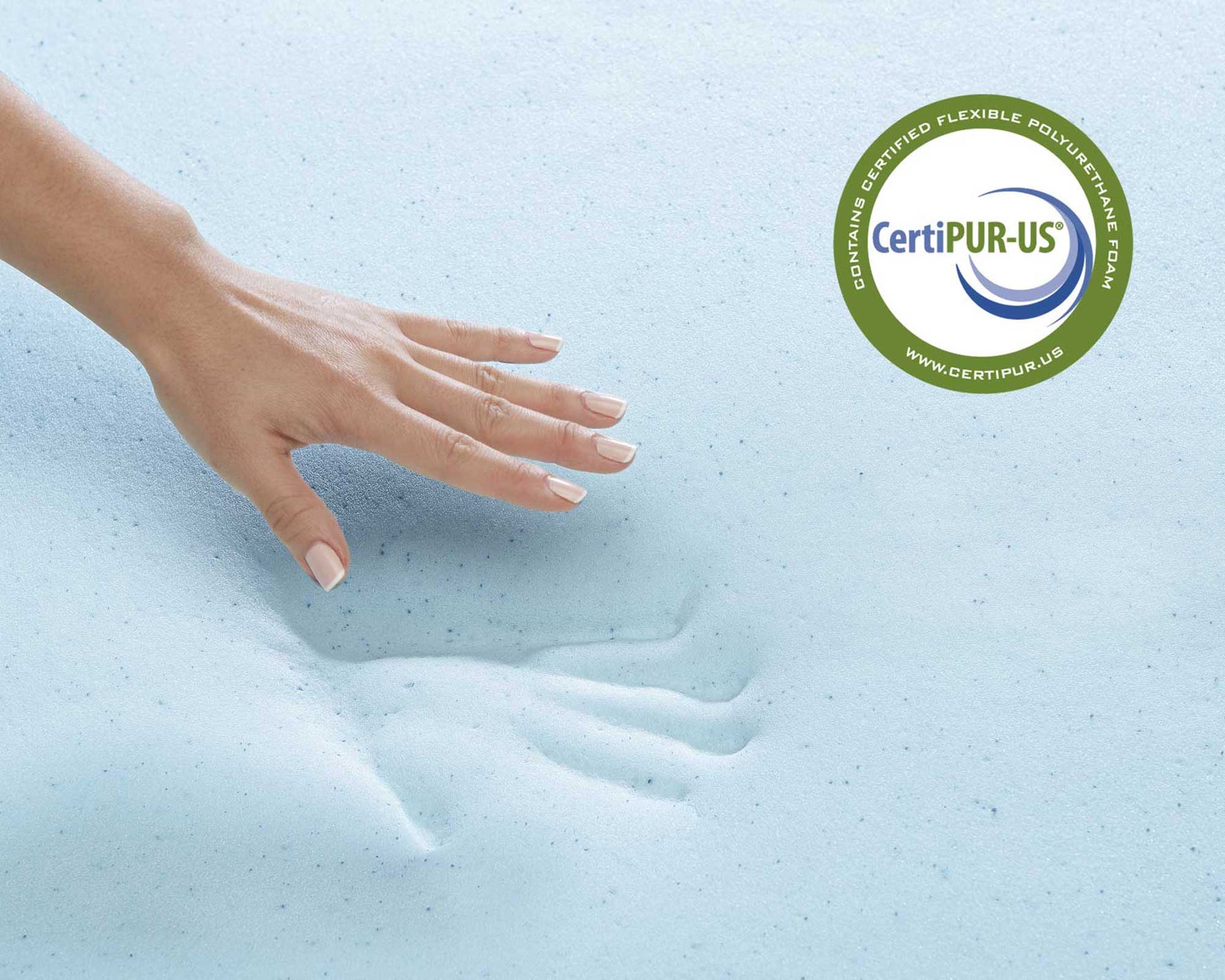 hand pressing into blue gel foam - CertiPUR-US certified