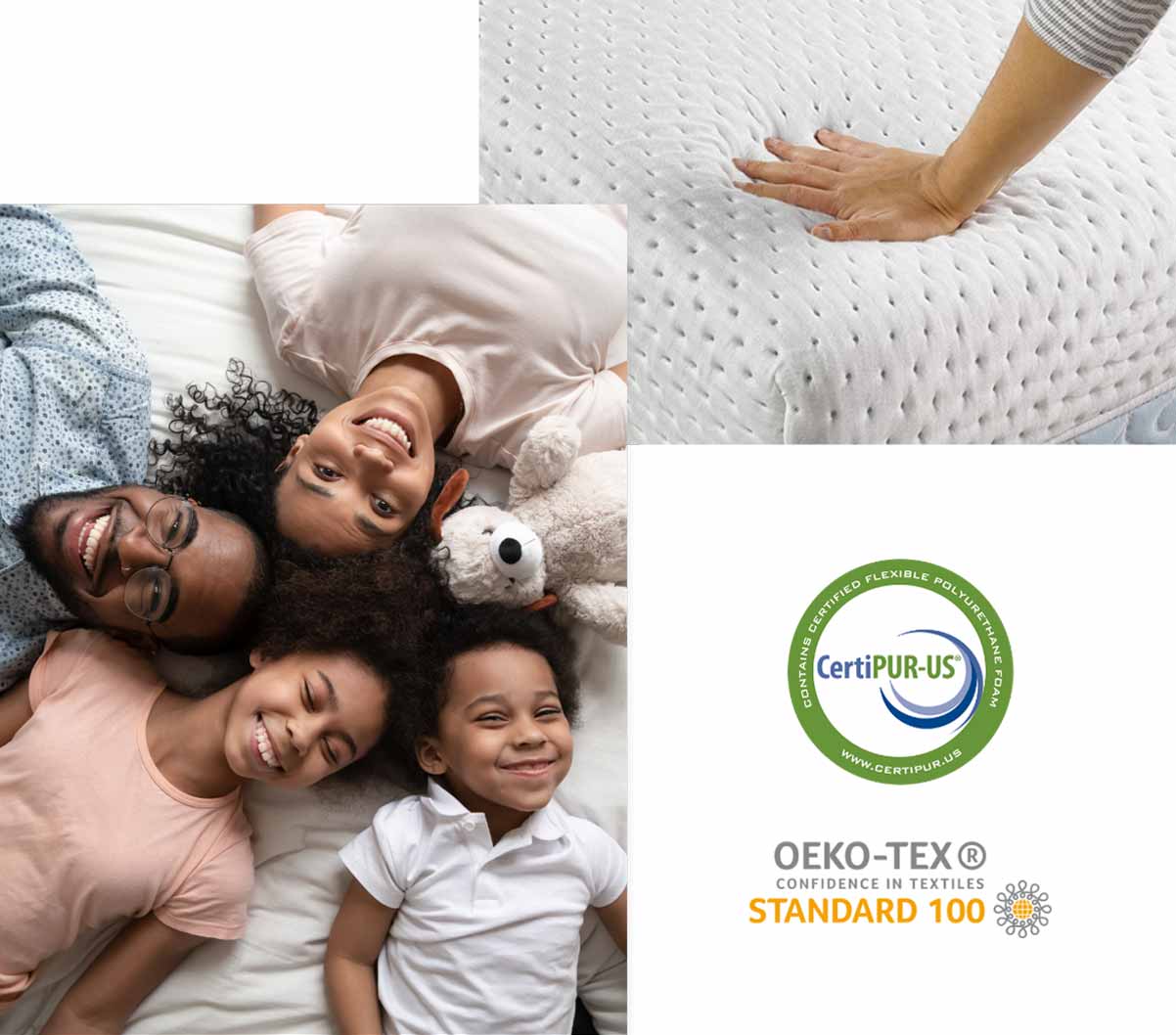 a collage of photos, an over head photo of a family lying in bed, a and pressing on the agility mattress and the certipur-us logo and oeko-tex logo