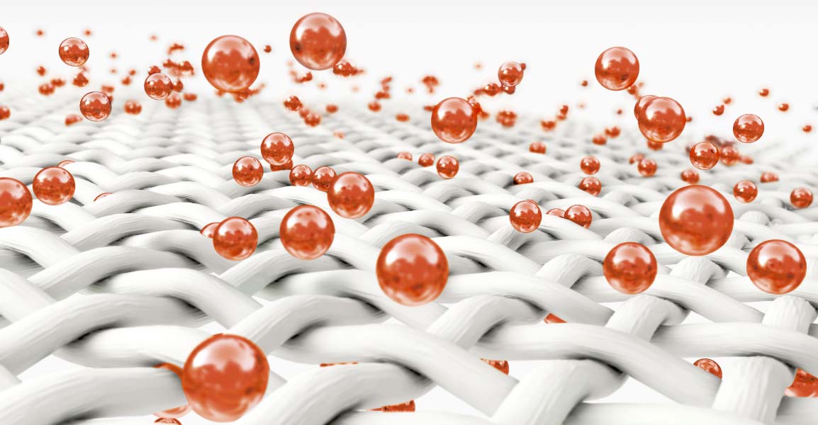 graphic of copper molecules floating around woven fabric