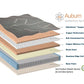 Diagram of Immunity Auburn copper mattress layers, including from top to bottom: NatuVerex™ copper cover, copper performance foam, soft convoluted foam, copper memory foam, plush foam, quantum edge coil unit, and base foam. 
