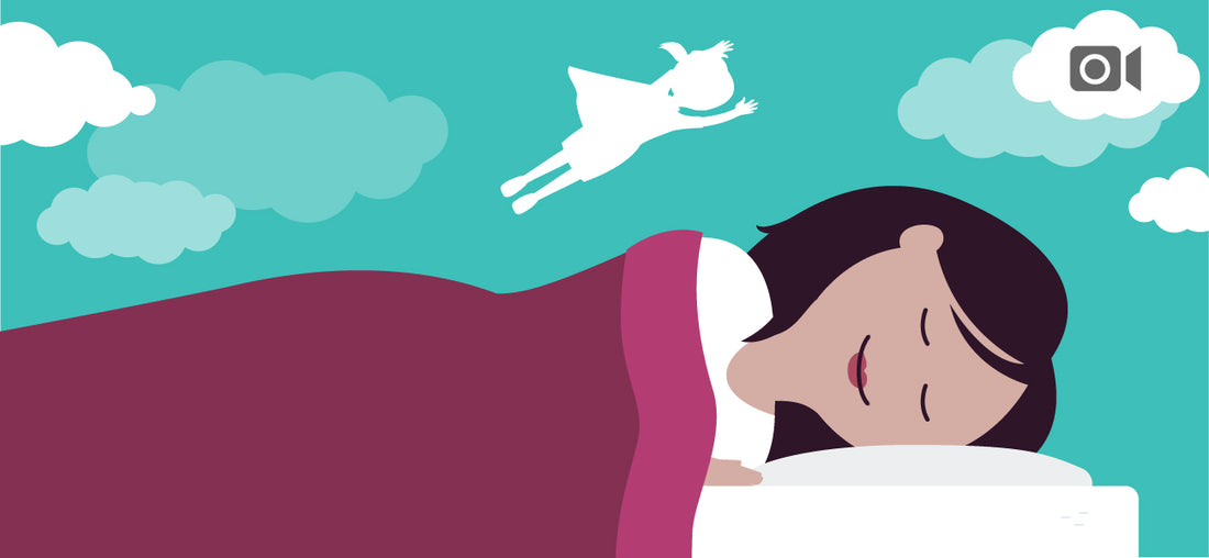 Illustration of a woman sleeping and dreaming that she is flying