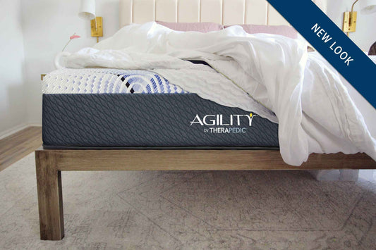 agility mattress in a room setting with a "new look" banner